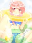  1girl bathing bikini blue_bikini blush diving_mask_on_head hata_no_kokoro highres innertube long_hair looking_at_viewer midriff navel partially_submerged pink_eyes pink_hair plaid plaid_bikini rubber_duck solo swimsuit tamago_soup touhou water wet 