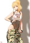  1girl arm_belt armpits bare_shoulders black_nails black_ribbon blonde_hair blush brown_eyes camouflage camouflage_pants choker clothes_writing collarbone contrapposto copyright_request covered_navel eyebrows eyebrows_visible_through_hair fishnet_bodysuit hips jewelry leotard long_hair looking_to_the_side midriff nail_polish necklace pants pants_pull pendant ponytail ribbon signature silhouette simple_background skin_tight smirk solo standing white_background wristband yang-do 