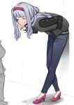  1girl ^_^ against_wall bent_over casual closed_eyes denim hairband hand_in_pocket high_heels idolmaster jacket jeans long_hair no_socks pants scarf shijou_takane shoes silver_hair sketch smile solo_focus standing v yoshiwa_tomo 