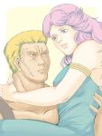  1boy 1girl armlet blonde_hair blue_dress brown_eyes carrying couple dress eye_contact falco hetero hokuto_no_ken krkkrk2701 lifting lifting_person long_hair looking_at_another muscle myuu pink_hair smile suspenders 