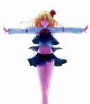  blonde_hair crossed_legs glowing glowing_eye groin hair_over_one_eye highres navel outstretched_arms red_eyes red_ribbon ribbon rumia short_hair smile touhou wind wind_lift xuanlin_jingshuang 