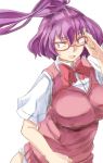  1girl bespectacled bow breasts contemporary fang glasses large_breasts long_hair no_pants open_mouth pink-framed_glasses ponytail red_eyes smile solo touhou upper_body vest violet_eyes yasaka_kanako yohane 