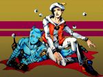  1boy araki_hirohiko_(style) bubble hat jojo_no_kimyou_na_bouken jojolion killer_queen kira_yoshikage_(jojolion) life_vest male_focus qi_(bleachcxn) sailor sailor_hat shoes sitting sneakers stand_(jojo) 