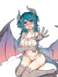  1girl aqua_eyes aqua_hair bell bell_collar blush cat_keyhole_bra choker collar demon_horns dragon_girl dragon_tail dragon_wings elbow_gloves full-face_blush gloves highres horns looking_at_viewer low_wings monster_girl open_mouth panties rnd.jpg solo striped striped_panties tail thigh-highs underwear wings 