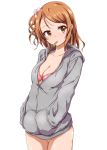  1girl blush bra breasts brown_eyes brown_hair chigusa cleavage earrings french_fries hands_in_pockets hood hoodie houjou_karen idolmaster idolmaster_cinderella_girls jewelry long_hair shiny shiny_skin side_ponytail solo thigh_gap underwear 