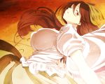  1girl breasts brown_hair cape dutch_angle gradient gradient_background hair_ribbon highres large_breasts light long_hair looking_at_viewer miya9 open_mouth puffy_sleeves red_eyes reiuji_utsuho ribbon shirt short_sleeves skirt solo third_eye touhou wings 