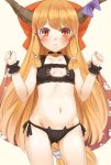  1girl 3: ass_visible_through_thighs bangs bell bell_collar black_bra black_panties blonde_hair blush bow bra cat_cutout cat_ear_panties cat_lingerie cleavage_cutout collar cowboy_shot groin hair_bow hair_tie hands_up hips horn_ribbon horns ibuki_suika jingle_bell long_hair looking_at_viewer low-tied_long_hair navel nishiuri oni_horns panties paw_print red_bow red_eyes ribbon side-tie_panties simple_background slit_pupils small_breasts solo standing touhou underwear very_long_hair white_background wrist_cuffs 