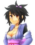  1girl black_hair breasts brown_eyes cleavage collarbone large_breasts long_hair looking_at_viewer lowres ponytail sheena_fujibayashi short_hair simple_background smile solo tales_of_(series) tales_of_symphonia white_background 