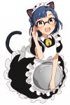  1girl alternate_costume animal_ears bespectacled blue_hair blush cat_ears cat_tail dani-ikapi enmaided glasses idolmaster idolmaster_million_live! looking_at_viewer maid nanao_yuriko open_mouth short_hair smile solo tail tray yellow_eyes 
