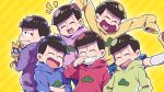  /\/\/\ 6+boys bowl_cut brothers cat crossed_arms esper_nyanko glasses hands_on_hips heart heart_in_mouth hood hoodie koutou_(akzkr09) male_focus matsuno_choromatsu matsuno_ichimatsu matsuno_juushimatsu matsuno_karamatsu matsuno_osomatsu matsuno_todomatsu messy_hair multiple_boys osomatsu-kun osomatsu-san sextuplets shorts siblings simple_background sleeves_past_wrists smile striped striped_background wiping_nose yellow_background 