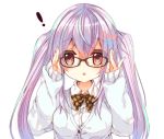  ! 1girl adjusting_glasses bow bowtie brown_eyes cardigan glasses hair_ornament open_mouth original p19 purple_hair shirt solo tagme twintails white_shirt 