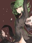  1girl arms_up black_dress cowboy_shot curly_hair dress floating_rock green_eyes green_hair jonasan one-punch_man rock short_hair side_slit solo tatsumaki telekinesis 