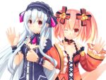  2girls alyn_(fairy_fencer_f) bare_shoulders bow breasts crossed_arms dress fairy_fencer_f frills hairband himajin_(starmine) lolita_hairband long_hair multiple_girls one_eye_closed red_eyes redhead ribbon skirt smile tiara_(fairy_fencer_f) twintails waving white_hair 