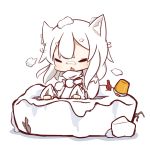  1girl =_= animal_ears bangs bucket chestnut_mouth chibi closed_eyes detached_sleeves fang inubashiri_momiji no_hat nuu_(nu-nyu) pom_pom_(clothes) short_hair simple_background snow snow_on_head solo touhou trowel upper_body white_background white_hair wolf_ears 