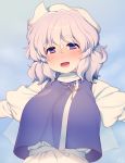  1girl blue_background blush full-face_blush gradient gradient_background hat kiri_futoshi lavender_hair letty_whiterock looking_at_viewer open_mouth outstretched_arms puffy_sleeves shirt short_hair signature smile solo touhou turtleneck upper_body vest violet_eyes 