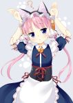  1girl ? android animal_ears apron bangs blue_eyes blunt_bangs blush bunny_pose cat_ears cat_paws chestnut_mouth clarion cowboy_shot doll_joints grey_background head_tilt jitome koukaku_no_pandora looking_at_viewer maccha maid maid_headdress paws pink_hair puffy_short_sleeves puffy_sleeves short_hair_with_long_locks short_sleeves simple_background solo twintails 