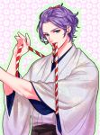  1boy aqua_eyes bow floral_background hair_bow japanese_clothes kasen_kanesada male_focus mouth_hold purple_hair rope touken_ranbu yano_(404878) 