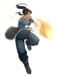  1girl armband avatar:_the_last_airbender blue_eyes boots brown_hair clenched_hands clenched_teeth dark_skin fire fireball fur highres korra long_hair ponytail rikizo solo tank_top teeth the_legend_of_korra vambraces 