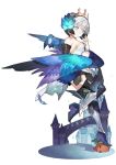  1girl bird boots crown detached_sleeves dress feathers greaves green_eyes gwendolyn hair_ornament holding_arm jewelry odin_sphere ring short_hair silver_hair solo standing_on_one_leg starshadowmagician strapless strapless_dress thigh-highs wings 