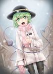  1girl :o alternate_costume belt black_hat black_legwear bow building coat dutch_angle eyeball eyebrows eyebrows_visible_through_hair fringe fuente green_eyes green_hair hand_on_own_chest hat hat_bow hat_ribbon heart heart_of_string highres jewelry komeiji_koishi legs_apart long_sleeves looking_up mittens mittens_removed open_mouth outdoors pantyhose pink_scarf ribbon ring scarf short_hair single_glove smile snowing solo third_eye touhou winter_clothes yellow_bow yellow_ribbon 