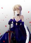  1girl blonde_hair blue_dress blue_gloves breasts cleavage dress elbow_gloves fate/stay_night fate_(series) fuyuki_(neigedhiver) gloves highres holding_sword holding_weapon looking_at_viewer saber saber_alter solo sword weapon yellow_eyes 