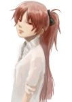  1girl artist_request bangs black_bow bow casual expressionless from_side hair_bow lips long_hair mahou_shoujo_madoka_magica nose ponytail red_eyes redhead sakura_kyouko simple_background solo upper_body white_background 