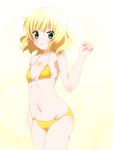  1girl bikini blonde_hair gochuumon_wa_usagi_desu_ka? green_eyes kirima_sharo nora_ichigo short_hair standing swimsuit yellow_bikini 