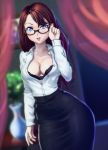  1girl absurdres adjusting_glasses black_bra blue_eyes blurry bra breasts brown_hair depth_of_field glasses highres large_breasts lips long_hair looking_at_viewer open_clothes open_shirt raised_eyebrow shirt skirt smile solo teacher thighs underwear vase wide_hips xxnikichenxx 