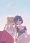  2girls arm_around_neck backlighting bishoujo_senshi_sailor_moon blonde_hair blue_eyes blue_hair blue_sky breasts cleavage closed_eyes double_bun long_hair mizuno_ami multiple_girls rainbow shira_(busi) short_hair skirt sky sleeping star_(sky) starry_sky tank_top tsukino_usagi twintails 