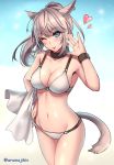  1girl ;) animal_ears aruma_jiki bikini blue_eyes breasts cleavage collar final_fantasy final_fantasy_xiv groin heart looking_at_viewer miqo&#039;te navel one_eye_closed ponytail silver_hair smile solo swimsuit tail towel white_bikini white_swimsuit 