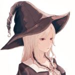  1girl albino bangs closed_mouth eyelashes hat highres long_hair looking_away original pip_(red_juice1869) portrait red_eyes shade simple_background solo swept_bangs white_background white_hair witch_hat 