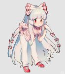  1girl albino alternate_costume bent_over blush bow cigarette contemporary fujiwara_no_mokou full_body hair_bow hair_ribbon hand_in_pocket kiri_futoshi long_hair long_sleeves looking_at_viewer mouth_hold pants red_eyes ribbon shirt shoes signature simple_background smile sneakers solo striped striped_shirt touhou very_long_hair white_hair 