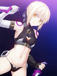  1girl assassin_of_black assassin_of_black_(cosplay) bandages bare_shoulders black_legwear black_panties blonde_hair boots dagger fate/apocrypha fate/stay_night fate_(series) fingerless_gloves gloves looking_at_viewer panties saber saber_alter scar short_hair single_glove skylader solo thigh-highs thigh_boots underwear weapon yellow_eyes 