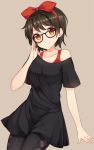  1girl adjusting_glasses argyle argyle_legwear bare_shoulders black_dress black_hair bow brown_eyes dress glasses hair_bow hairband kiki_(little_twin_stars) looking_at_viewer majo_no_takkyuubin off_shoulder pantyhose short_hair short_sleeves shuuichi simple_background smile solo 