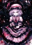  1girl bat_wings chain dress fang grin hat highres lavender_hair looking_at_viewer mob_cap petals puffy_sleeves red_eyes remilia_scarlet short_hair short_sleeves slit_pupils smile solo touhou uni_(bom19850101) wings 