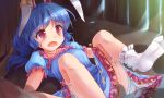  1girl animal_ears bloomers blue_dress blue_hair blush commentary_request dress highres lying lzh on_back open_mouth pink_eyes puffy_short_sleeves puffy_sleeves rabbit_ears see-through seiran_(touhou) short_sleeves solo spread_legs touhou underwear 