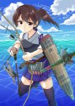  1girl airplane black_legwear blue_sky bow_(weapon) brown_eyes brown_hair condensation_trail flight_deck hakama_skirt highres hinata_kokage japanese_clothes kaga_(kantai_collection) kantai_collection looking_at_viewer motion_blur muneate nakajima_b5n ocean one_leg_raised quiver side_ponytail sky solo tasuki thigh-highs weapon yugake 