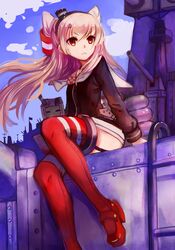  &gt;:&lt; 1girl amatsukaze_(kantai_collection) brown_eyes garter_straps hair_tubes hairband highres kantai_collection long_hair looking_at_viewer machinery rensouhou-kun ryuuno6 school_uniform serafuku ship silver_hair sitting striped striped_legwear turret two_side_up warship wind 