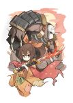  1boy 1girl armor bandages bow fire hair_between_eyes hair_bow highres horns huge_weapon ichi_hachi_rei_rei japanese_clothes katana kimono looking_down monster original patches ponytail sidelocks skull sunset sword torn_clothes weapon 