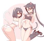  2girls alternate_costume animal_ears ass back bangs bell bell_choker black_boots black_hair black_panties blush boots breasts brown_eyes cat_cutout cat_ears cat_keyhole_bra cat_lingerie cat_tail choker fake_animal_ears frills haguro_(kantai_collection) hairband high_heel_boots high_heels jingle_bell kantai_collection knee_boots kneeling large_breasts long_hair looking_down miooonu multiple_girls nachi_(kantai_collection) navel panties paw_pose paw_print polka_dot short_hair side-tie_panties side_ponytail stomach string_panties sweat tail underwear white_panties 