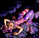  1girl american_flag_legwear american_flag_shirt blonde_hair clownpiece hat highres jester_cap long_hair lying momo_(baso4) no_wings on_back open_mouth pantyhose pink_eyes smile solo torch touhou very_long_hair 