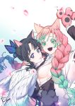  2girls absurdres animal_ears black_eyes black_hair braid breasts butterfly_hair_ornament cat_ears cat_paws fumo_(homosukii) gradient_hair hair_ornament haori highres japanese_clothes kanroji_matsuri kemonomimi_mode kimetsu_no_yaiba kochou_shinobu large_breasts lips looking_at_viewer mole multicolored_hair multiple_girls open_clothes open_mouth open_shirt paws petals pink_hair sidelocks simple_background smile teeth twin_braids uniform upper_body 