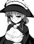  1girl ai_takurou annoyed breasts cleavage cloak glasses hat kantai_collection looking_at_viewer monochrome roma_(kantai_collection) short_hair simple_background solo tagme upper_body white_background witch_hat 