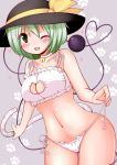  1girl bakko bell bell_choker blush bra breasts cat_cutout cat_lingerie cat_tail choker cleavage cleavage_cutout collarbone commentary_request cowboy_shot green_eyes green_hair hat hat_ribbon komeiji_koishi looking_at_viewer navel open_mouth panties paw_print ribbon side-tie_panties smile solo strap_pull tail third_eye touhou underwear untied untied_panties white_bra white_panties wink 