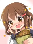  1girl blush brown_eyes brown_hair close-up commentary_request face fang food food_on_face hair_ornament hairclip hand_on_own_face highres ikazuchi_(kantai_collection) kantai_collection open_mouth oshiruko_(uminekotei) school_uniform serafuku short_hair star taiyaki wagashi 