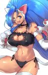 1girl bare_shoulders big_hair blue_eyes blue_hair breasts cat_cutout cat_keyhole_bra cat_lingerie cleavage fang felicia large_breasts looking_at_viewer negresco panties paws side-tie_panties simple_background solo tail thick_thighs thigh-highs thighs underwear vampire_(game) white_background white_legwear