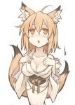  1girl :o ahoge animal_ears blonde_hair blush breasts cleavage collarbone fox_ears fox_tail hair_between_eyes ichi_hachi_rei_rei japanese_clothes kimono kimono_pull large_breasts multiple_tails obi off_shoulder original sash simple_background solo tail two_tails white_background yellow_eyes 