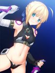  1girl assassin_of_black assassin_of_black_(cosplay) bandages bare_shoulders black_legwear black_panties blonde_hair boots dagger fate/apocrypha fate/stay_night fate_(series) fingerless_gloves gloves green_eyes looking_at_viewer panties saber scar short_hair single_glove skylader smile thigh-highs thigh_boots underwear weapon 