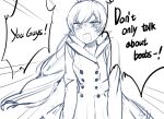  1girl breast_conscious coat crying crying_with_eyes_open english highres long_hair monochrome ndgd_(bean1215) open_mouth rwby side_ponytail tears weiss_schnee 
