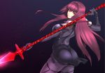  1girl ass back bangs bodysuit breasts closed_mouth cowboy_shot fate/grand_order fate_(series) from_behind gae_bolg gloves glowing hair_intakes holding_weapon jyura large_breasts long_hair looking_at_viewer looking_back pauldrons pink_lips polearm purple_hair red_eyes scathach_(fate/grand_order) solo spear thigh_strap vambraces very_long_hair weapon 